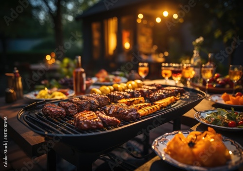 Big barbecue of friends in the backyard, blurred background, meat vegetables, grill.