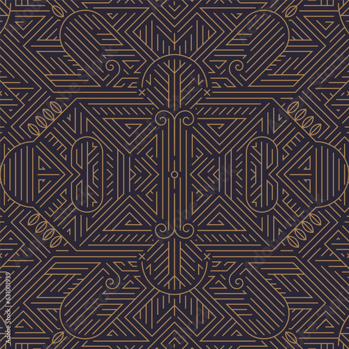 Vector art deco golden black seamless pattern. Geometric line vintage motif. Elegant, fancy luxury design for wallpaper print, packaging, wrapping paper, package, wedding gift