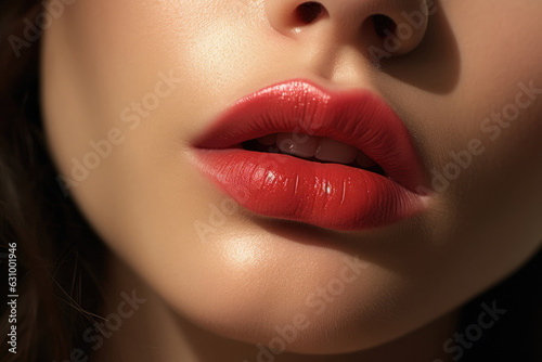 Close Up Of Woman's Lips With Bright Red Lipstick