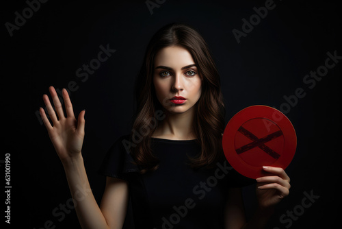 Woman Shows Stop Sign On Black Background. Womens Rights, Traffic Signs, Backdrop Color, Symbolism, Visual Communication, Performing Arts, Authority Figures, Empowerment photo