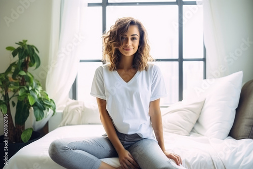 Mockup Beautiful Woman In White Tshirt And Jeans In Modern, Bright Apartment