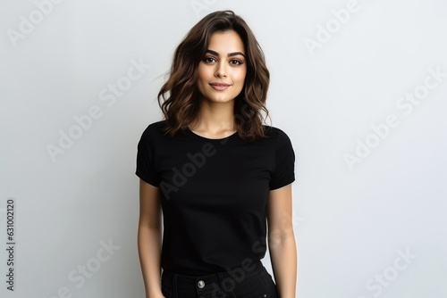 Mock Up Beautiful Woman In Black Tshirt And Jeans On White Background photo