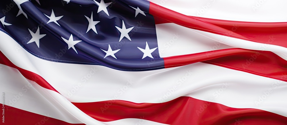 A close-up photograph shows a section of the American flag on a white background. There is space available A close-up photograph shows a section of the American flag on a white background. There is space available