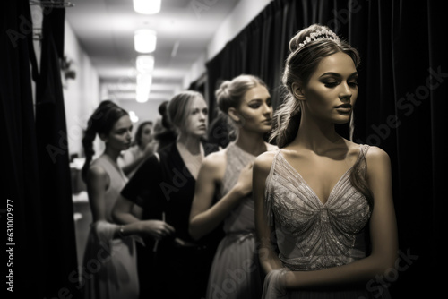 Candid Backstage Shot Capturing Models Preparing And Getting Ready For The Show