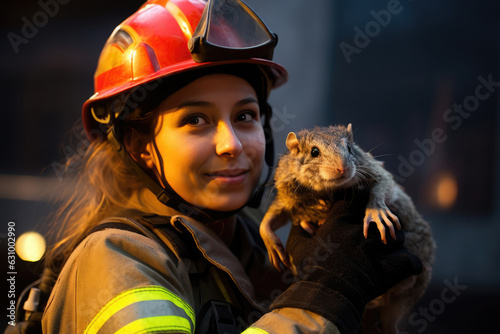 Brave Woman Firefighter Rescuing Trapped Animal photo