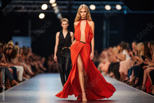 Two Models Walk Down The Runway At Fashion Show