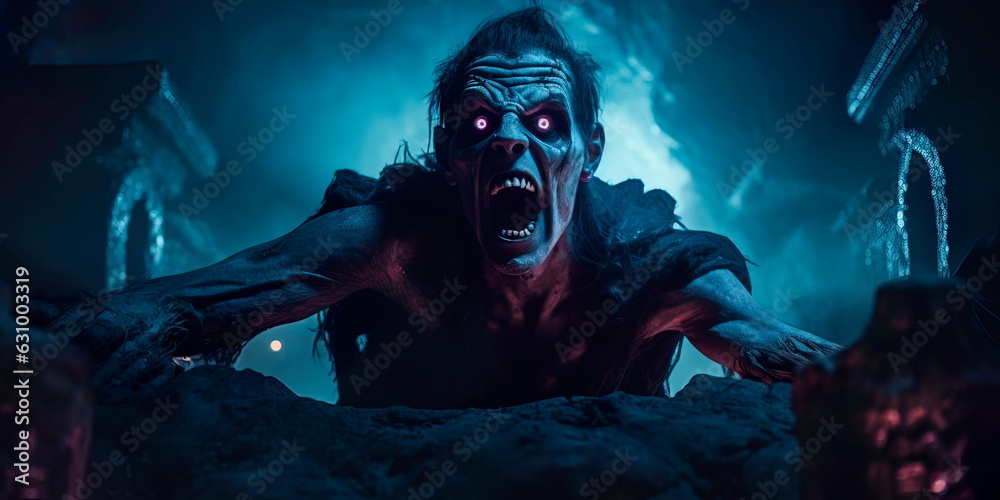 vampire breaking out of his tomb during a Halloween night crawl. Generative AI vampire breaking out of his tomb during a Halloween night crawl. Generative AI