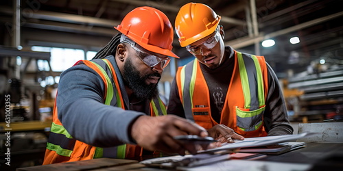 Industrial workers in safety vests and hard hats collaborating on a project. Generative Ai