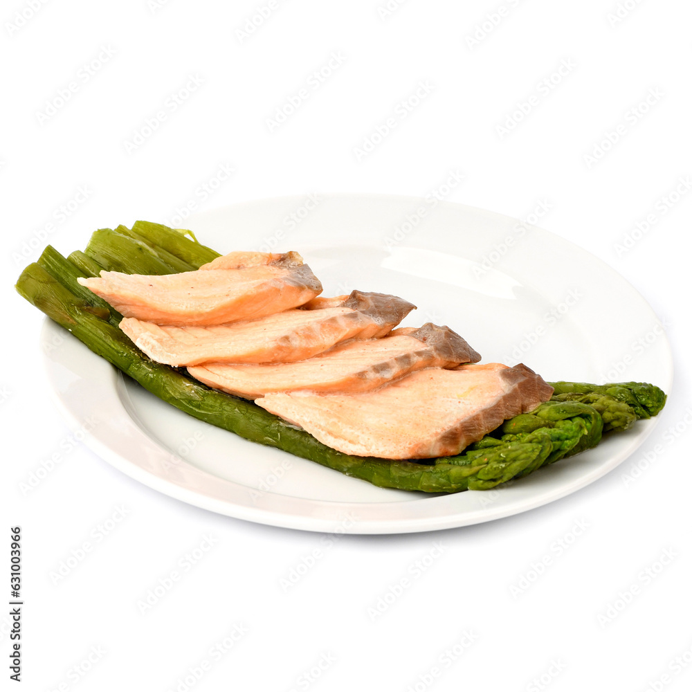 Asparagus with salmon on a white background Asparagus with salmon on a white background