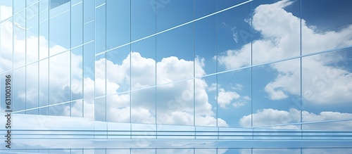 The exterior of a tall generic corporate office building with square glass windows reflects the clouds.