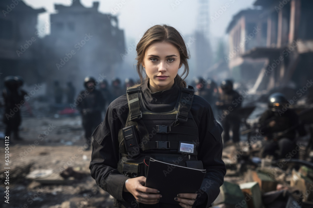 Female Journalist Reporting On Important Global Issues War Female Journalist Reporting On Important Global Issues War