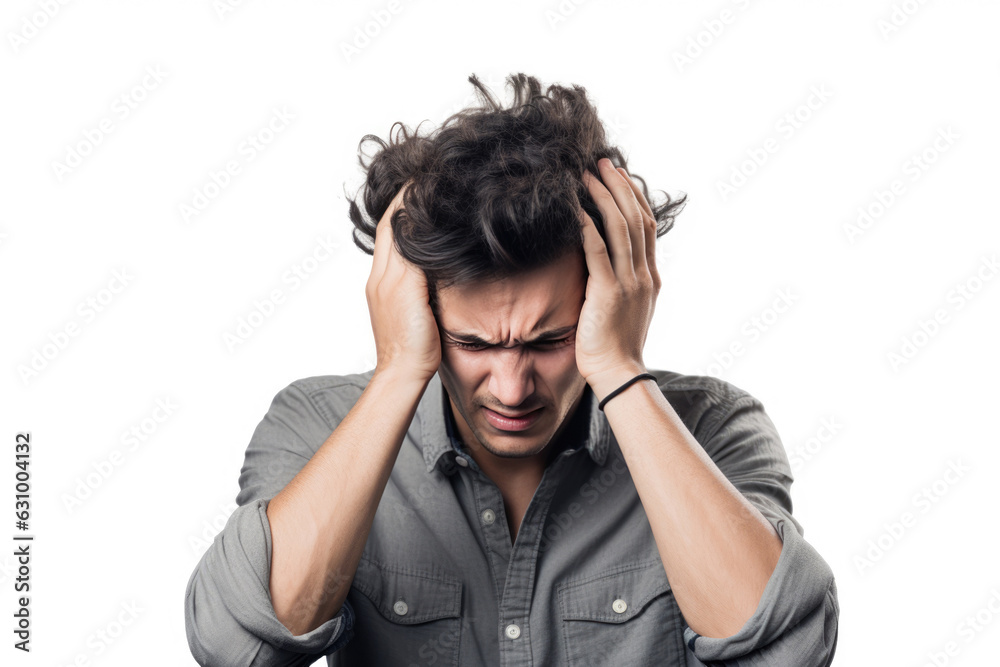 Man Holding Onto Temples On White Background Headache