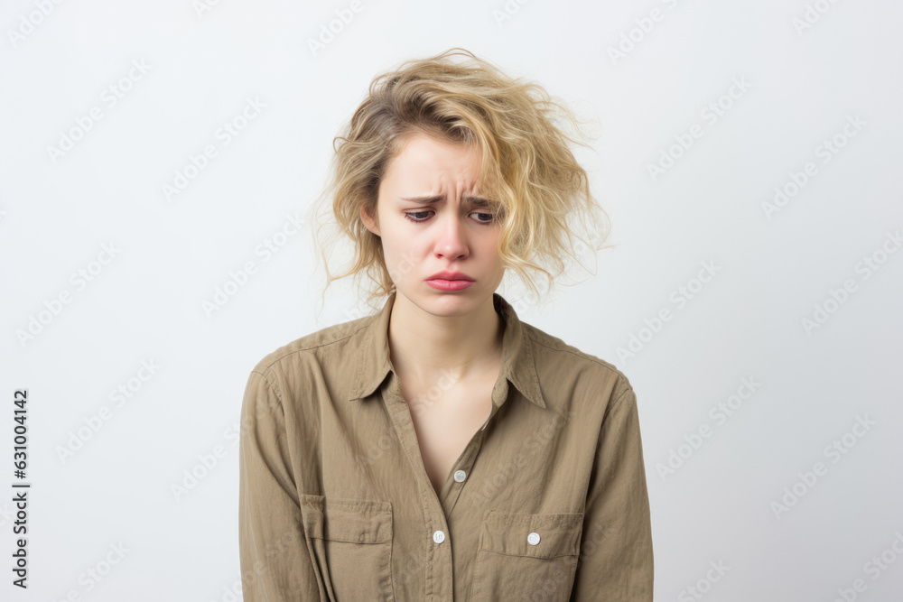 Portrait Of Worried Crying Woman On White Background Portrait Of Worried Crying Woman On White Background