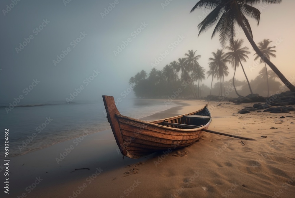 wooden boat on the beautiful beach with coconut trees. generative ai