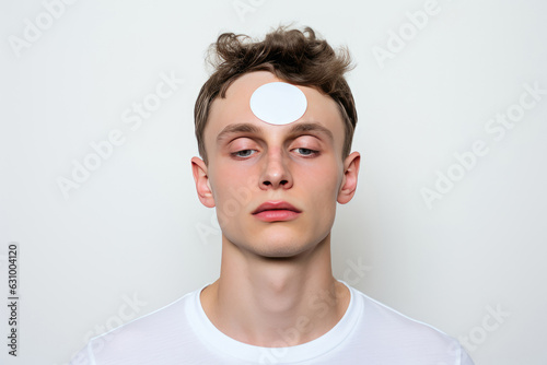Man With Sticker On Her Forehead On White Background