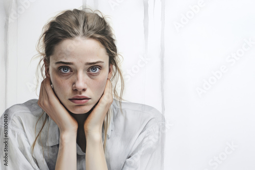 Portrait Of Worried Woman On White Background . Anxiety, Female Emotions, Coping Mechanisms, Stress Management, Selfcare, Photography, Photoshop, Lighting Effects photo