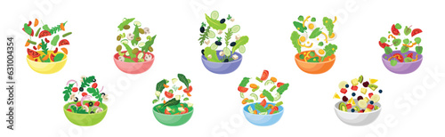 Vegetarian Salad with Dropping in Bowl Ingredient Mix Vector Set