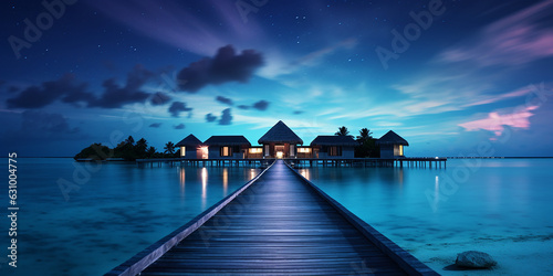 Tableau sur toile Luxury Maldives tropical island beach resort travel vacation villas at night