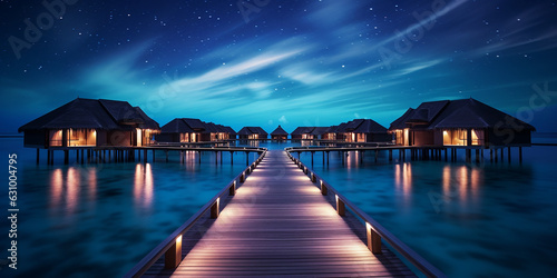 Luxury Maldives tropical island beach resort travel vacation villas at night. Generative AI image