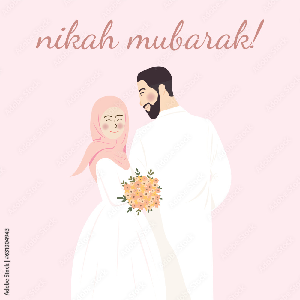 Cute Wedding Muslim Couple Portrait Illustration, Nikah Mubarak Greetings, Walima Save the Date with Pink Background Cute Wedding Muslim Couple Portrait Illustration, Nikah Mubarak Greetings, Walima Save the Date with Pink Background