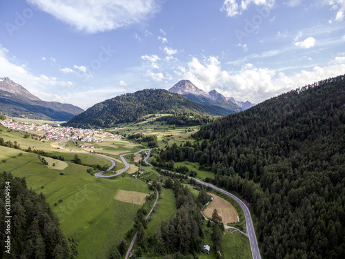 Livigno village ski and Bikepark valley in Valtellina, Lombardia, Italy Aerial view Drone panoramic view