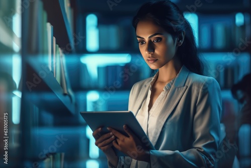 Professional Woman Using Tablet in a Library,  A Fictional Character Created by Generated AI. 