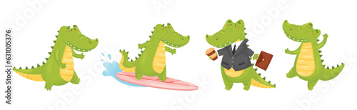 Green Crocodile or Gator Character as African Animal Vector Set