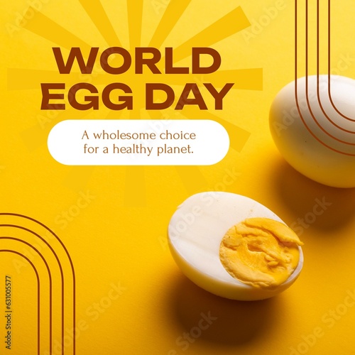 Composite of boiled eggs and world egg day text with lines on yellow background, copy space