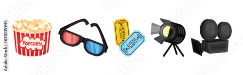 Cinema Elements with Popcorn, 3D Glasses, Tickets, Light and Camera Vector Set