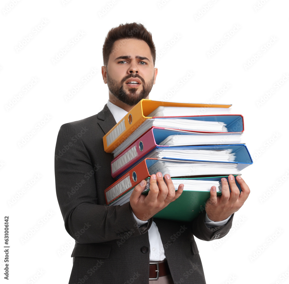 Stressful man with folders on white background Stressful man with folders on white background