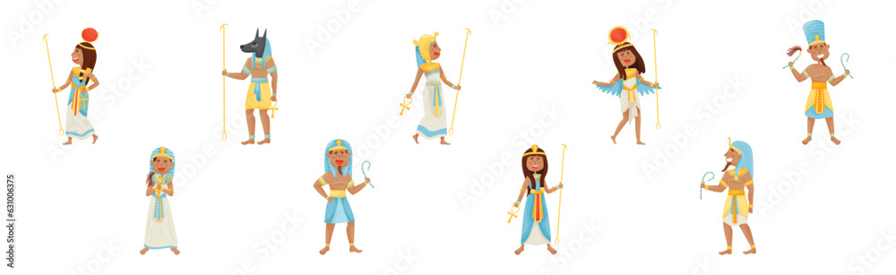 Egyptian God and Deities Wearing Antique Clothing and Holding Rod Vector Set Egyptian God and Deities Wearing Antique Clothing and Holding Rod Vector Set