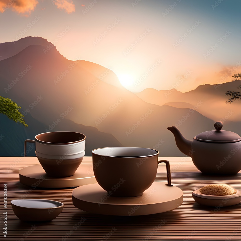earthen Tea cups with teapot on table in natural color