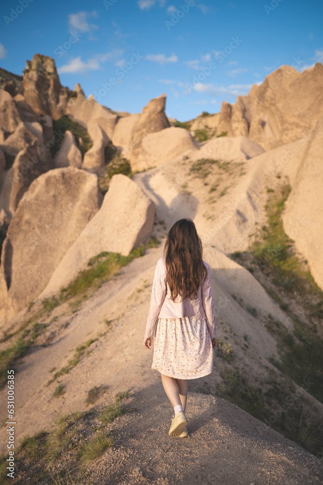 Naklejka premium a beautiful girl walks on the top of the mountain enjoying the view