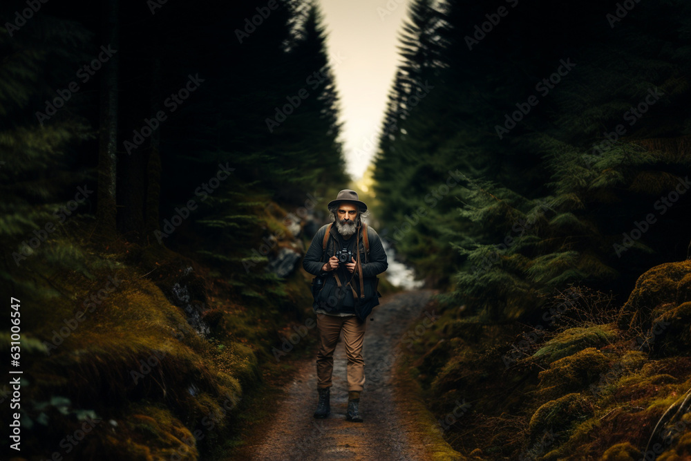 Obraz premium Photographer on nature landscape in the background. Travel vacation concept for World Photography Day