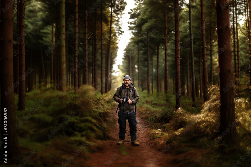 Photographer on nature landscape in the background. Travel vacation concept for World Photography Day