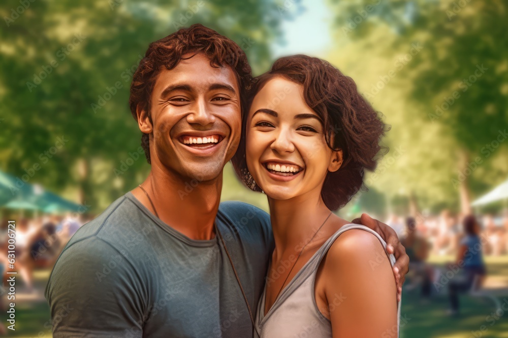 A happy young couple posing together outdoors, A Fictional Character Created by Generated AI. A happy young couple posing together outdoors, A Fictional Character Created by Generated AI.