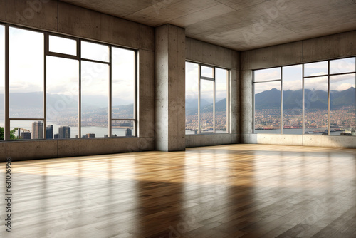 Empty room with panoramic window and mountain view