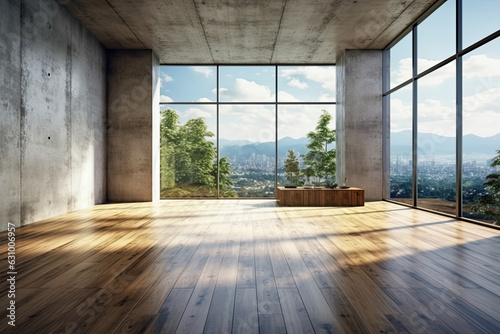 Empty room with panoramic window and mountain view