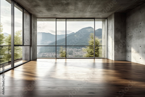 Empty room with panoramic window and mountain view