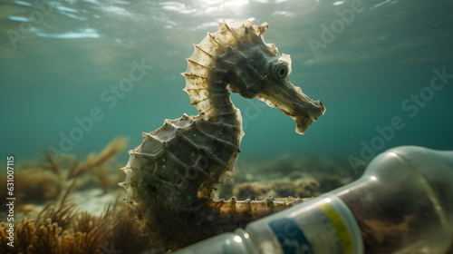 sea horse swimming between plastic bottles