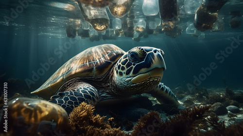 green sea turtle swimming between plastic bottles © Sebastian