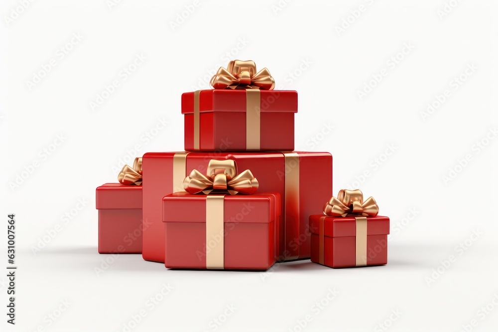 Obraz premium christmas gift boxes, presents with golden bows and ribbons isolated white background. Generative Ai.