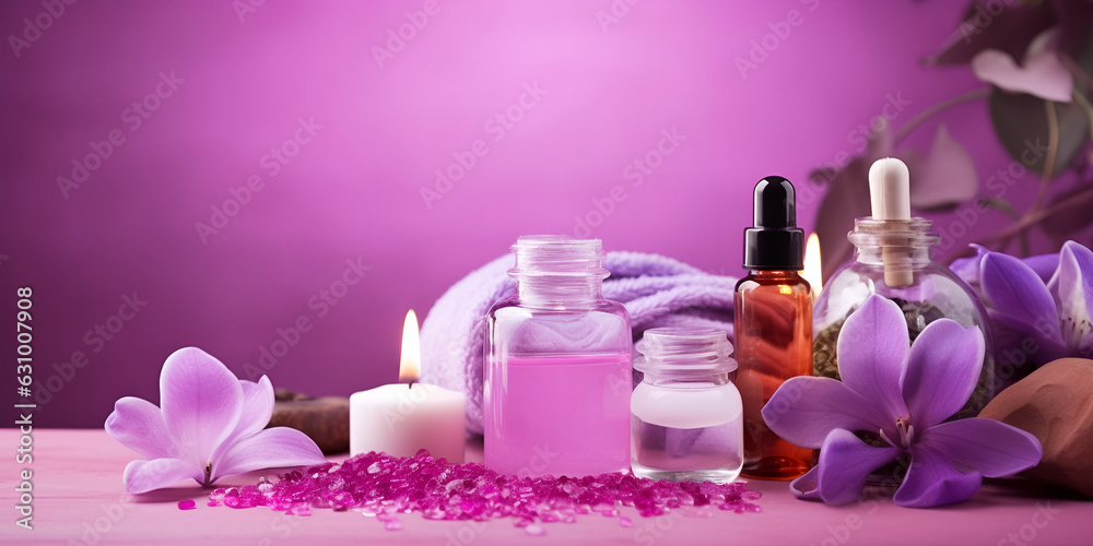 Beautiful spa composition on purple background. Natural skincare cosmetic products