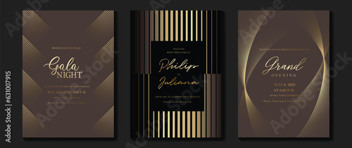 Luxury gala invitation card background vector. Golden elegant wavy gold line pattern on brown and black background. Premium design illustration for wedding and vip cover template, grand opening.
