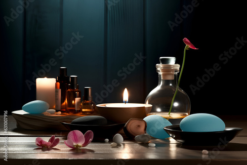 Beautiful spa composition on dark background. Natural skincare cosmetic products photo