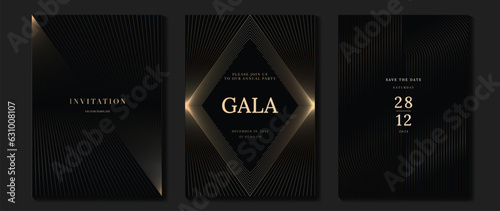 Luxury gala invitation card background vector. Golden elegant wavy gold line pattern on black background. Premium design illustration for wedding and vip cover template, grand opening.