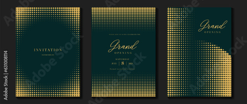 Luxury gala invitation card background vector. Golden elegant halftone gold pattern on dark green background. Premium design illustration for wedding and vip cover template, grand opening.