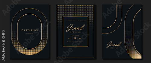 Luxury gala invitation card background vector. Golden elegant halftone gold pattern on black background. Premium design illustration for wedding and vip cover template, grand opening.