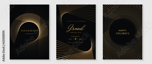 Luxury gala invitation card background vector. Golden elegant wavy gold line pattern on black background. Premium design illustration for wedding and vip cover template, grand opening.