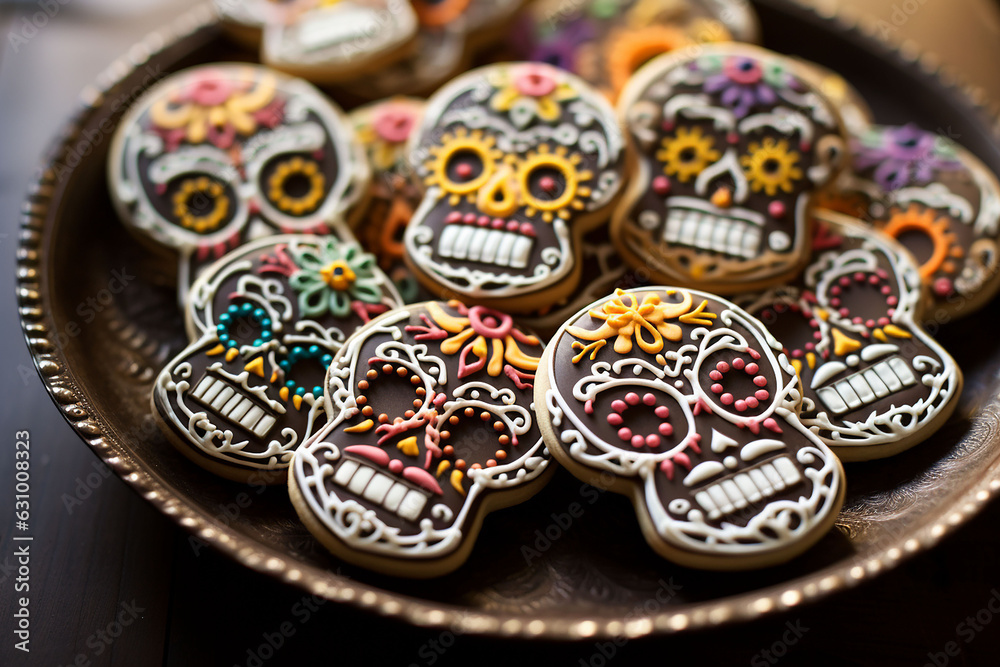 Traditional mexican sugar skull cookies on wooden background. selective focus.